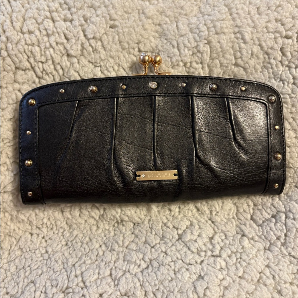 Laundry by Shelli Segal Black Studded Bejeweled Soft Leather Wallet